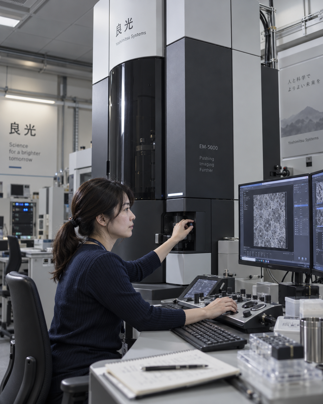 A researcher adjusts the sample stage of an EM-5000 electron microscope while lattice micrographs fill the monitors at the workstation