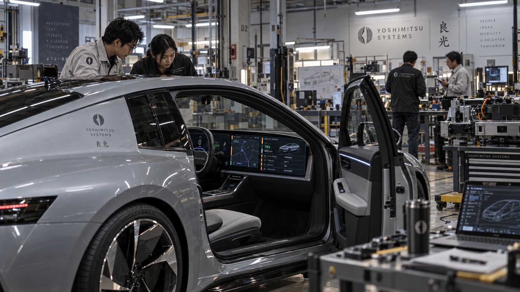 Two engineers lean over the roof of a silver Yoshimitsu Systems prototype car in a workshop bay, its door open to reveal a wide dashboard display showing a map, vehicle status, drive mode, thermal, sensors, and autonomy readouts