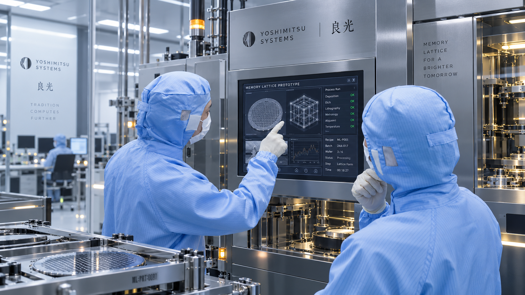 Two technicians in blue cleanroom suits review a Memory Lattice Prototype screen showing a wafer map, a cubic lattice diagram, and a process run with every step marked OK; a wafer carrier sits in the foreground