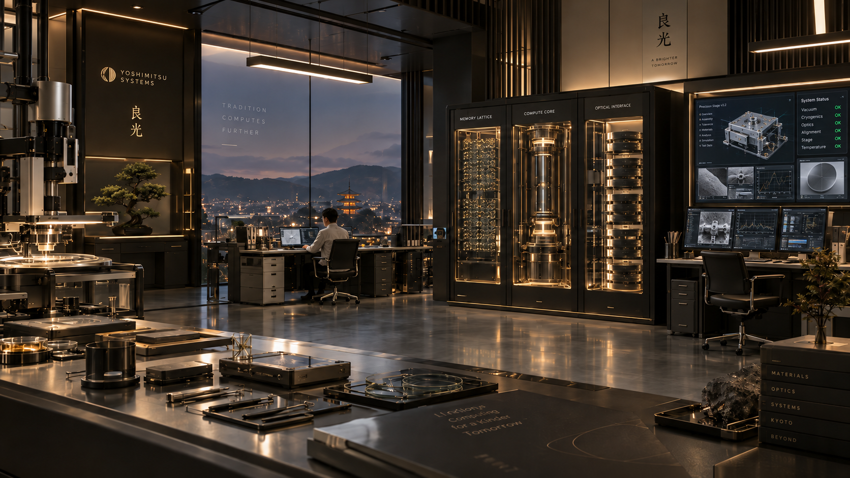 Lab A at Yoshimitsu Systems in Kyoto at dusk: an amber-lit laboratory with three glass cabinets labelled Memory Lattice, Compute Core and Optical Interface, precision components laid out on a workbench, and a floor-to-ceiling window over the city and a pagoda