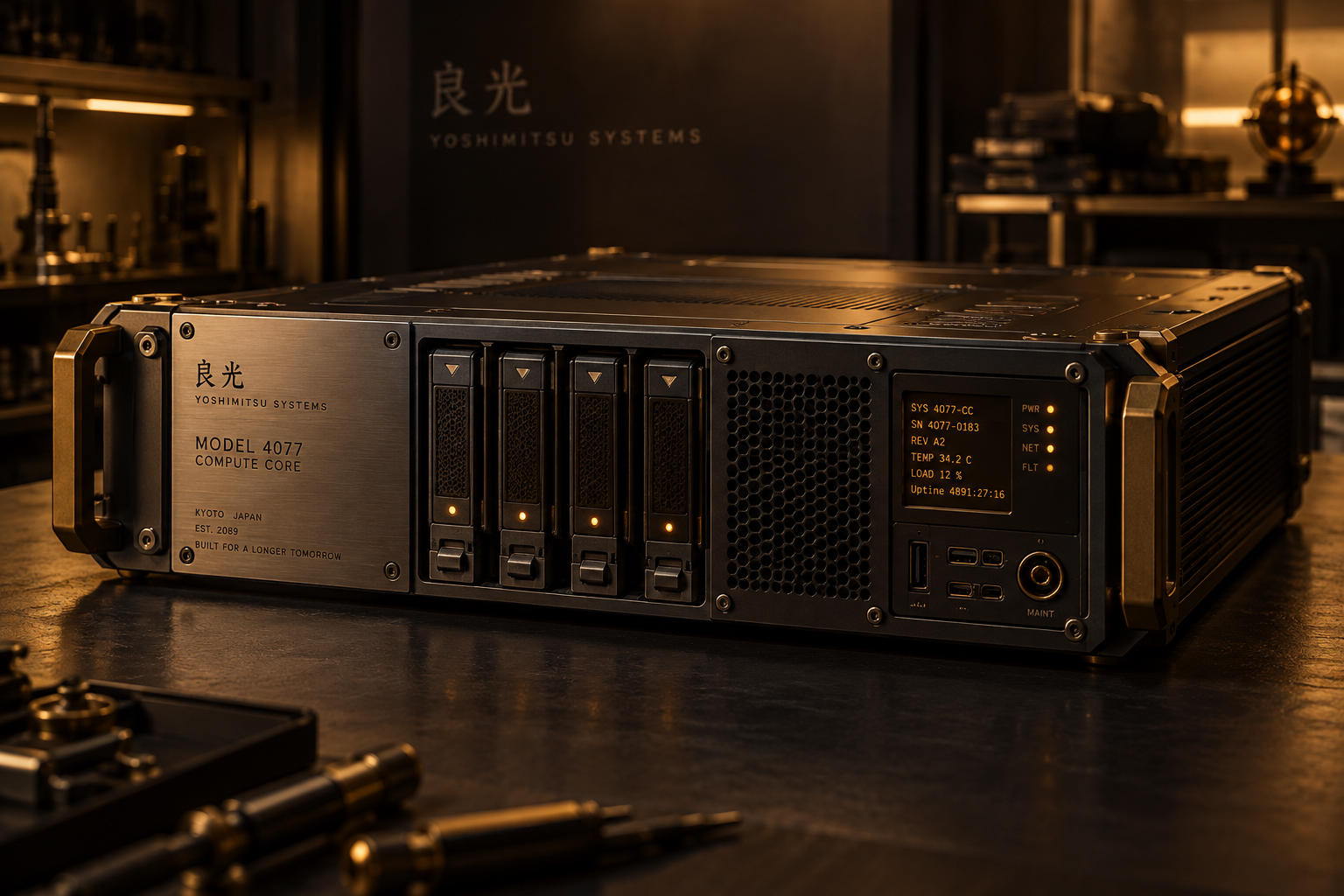 A Model 4077 compute core on a dark slate workbench under amber light: a brushed-steel chassis with brass handles, a 良光 Yoshimitsu Systems faceplate reading Kyoto, Japan, est. 2089, four hot-swap modules with amber status lamps, and a small screen showing serial 4077-0183, 34.2 °C and 12 percent load