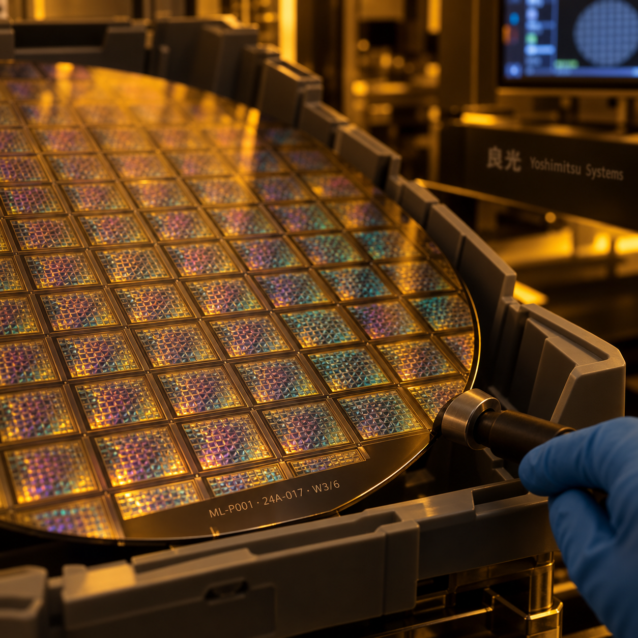 Macro photograph of a memory lattice wafer under amber safelight: a grid of square dies, each with a fine cubic microstructure that splits the light into gold, violet and teal, resting in a grey carrier while a technician in a blue glove lifts its edge with a vacuum wand; the ID ML-P001 · 24A-017 · W3/6 is laser-etched near the edge, and a 良光 Yoshimitsu Systems label glows on the equipment behind