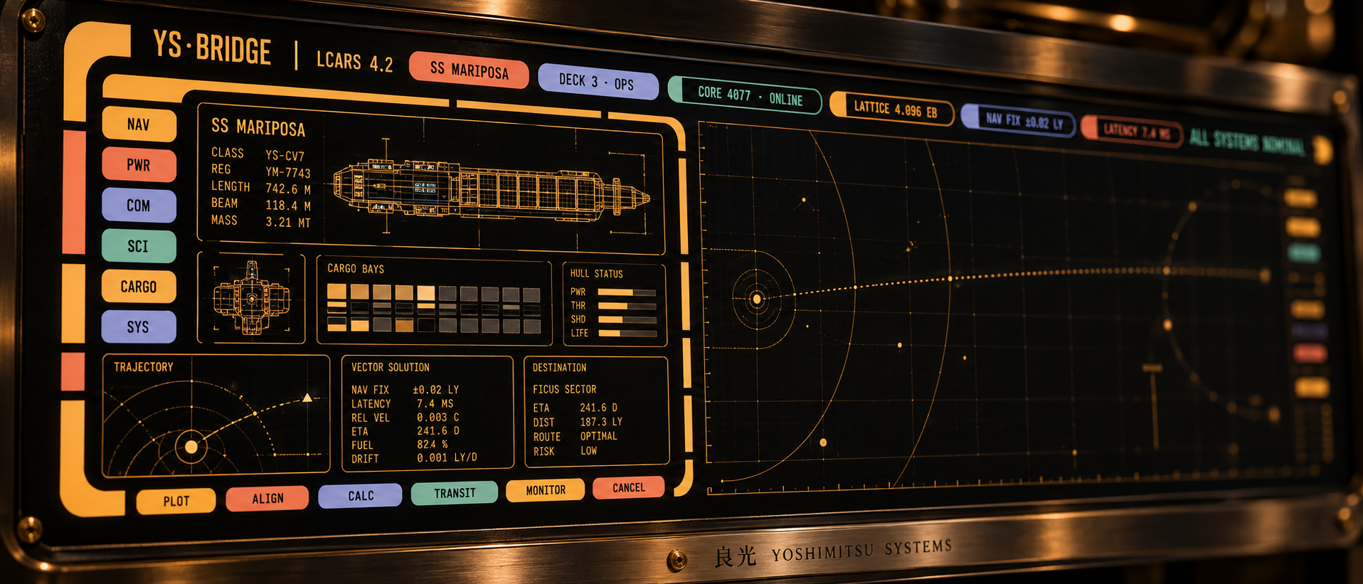 Close-up of a YS·BRIDGE LCARS 4.2 panel aboard the SS Mariposa: amber, coral, lavender and jade elbow bars and pill buttons frame a wireframe of the cargo ship, cargo bay and hull status readouts, and a dotted trajectory toward the Ficus sector, set in a brushed-steel bezel engraved 良光 Yoshimitsu Systems