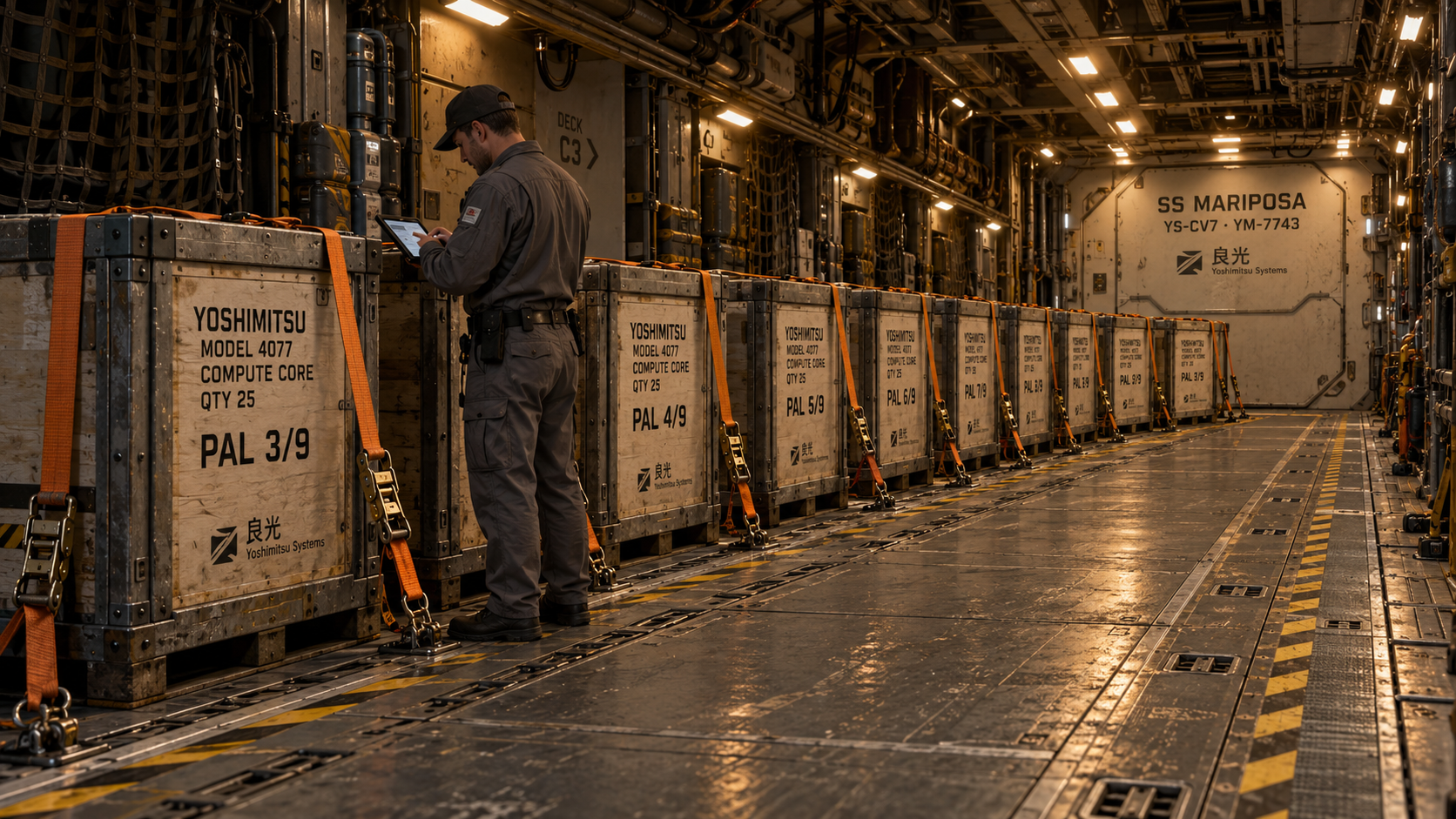 A crew member checks a tablet beside a crate stencilled Yoshimitsu Model 4077 Compute Core, QTY 25, PAL 3/9, in the amber-lit cargo hold of the SS Mariposa, with a row of matching crates strapped to the floor rails down the aisle