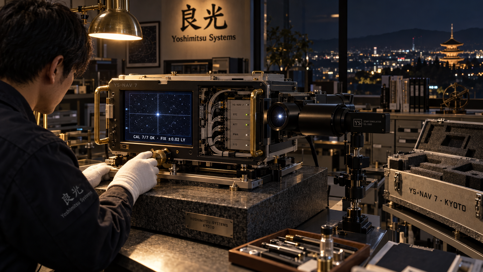 A technician in white gloves turns a brass alignment knob on a YS·NAV 7 console mounted on a granite test table, its side panel open on neat cable looms and modules; the screen locks crosshairs on a reference star and reads CAL 7/7 OK · FIX ±0.02 LY, while a black YS star simulator aims a single point of light into the console. A foam-lined case stencilled YS·NAV 7 · Kyoto waits open beside the bench, beneath a 良光 Yoshimitsu Systems sign and a window over Kyoto at night with a lit pagoda