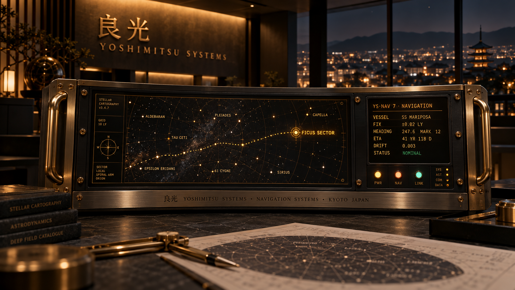 A brass-handled YS·NAV 7 navigation console in a dark control room, its star chart tracing a dotted amber route past Tau Ceti and Epsilon Eridani to the Ficus Sector, with a side panel reading vessel SS Mariposa, fix ±0.02 light-years, status nominal; behind it a 良光 Yoshimitsu Systems wall sign and a window over Kyoto at night with a pagoda