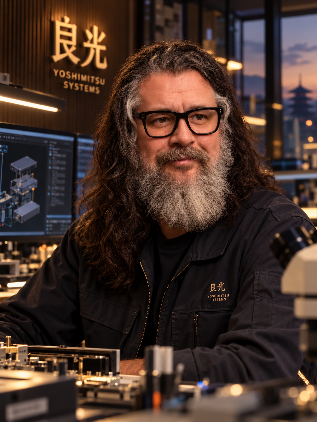 Portrait of Declan Lebowski at an engineering bench at dusk: long curly grey-streaked hair, a full beard and black glasses, a black 良光 work jacket, an exploded view of core modules on the monitor behind and Kyoto through the window