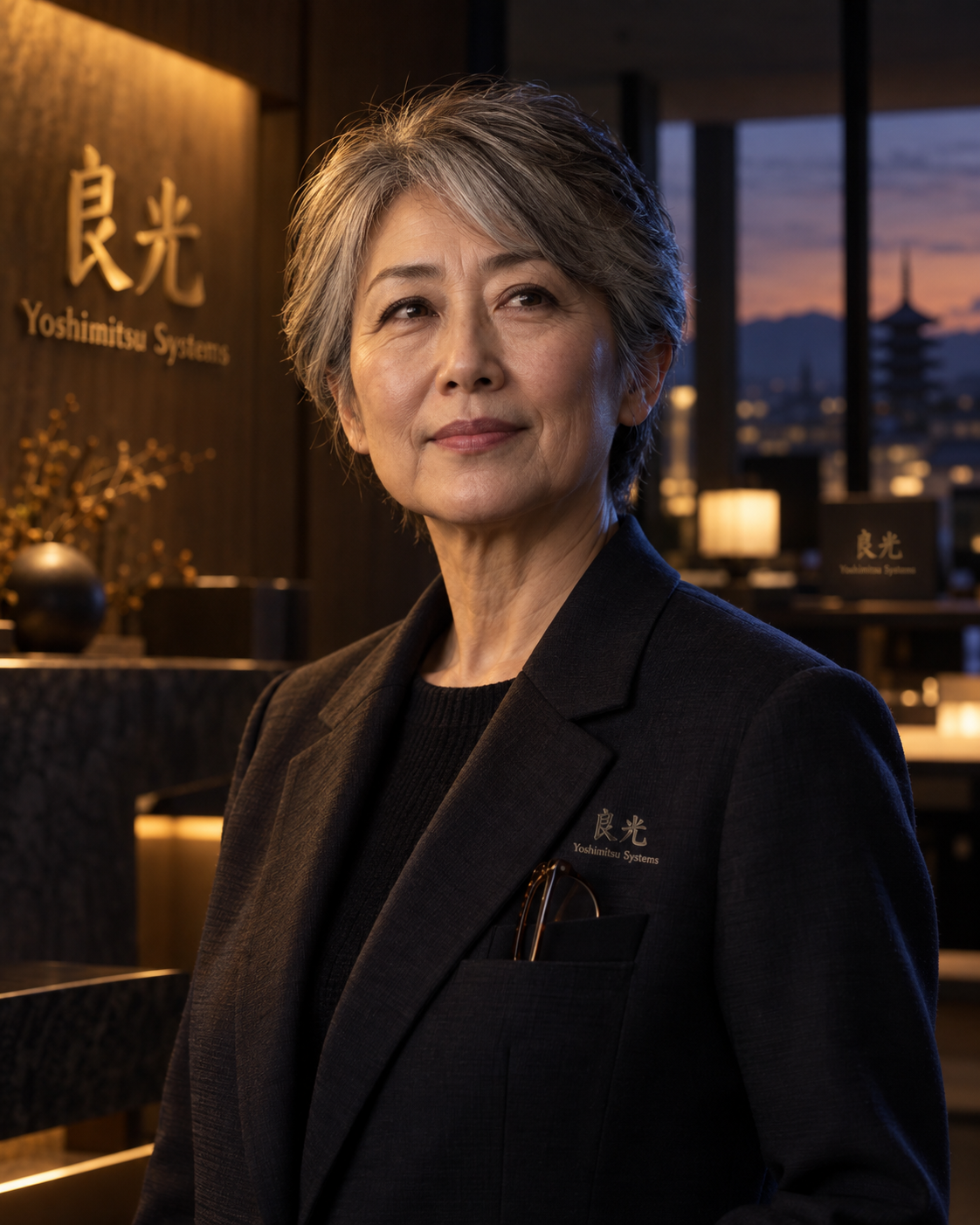 Portrait of Ishida Haruko in the head office lobby at dusk: short silver-streaked hair, a charcoal jacket with reading glasses in the pocket, a gold 良光 sign on the timber wall behind and a pagoda through the window