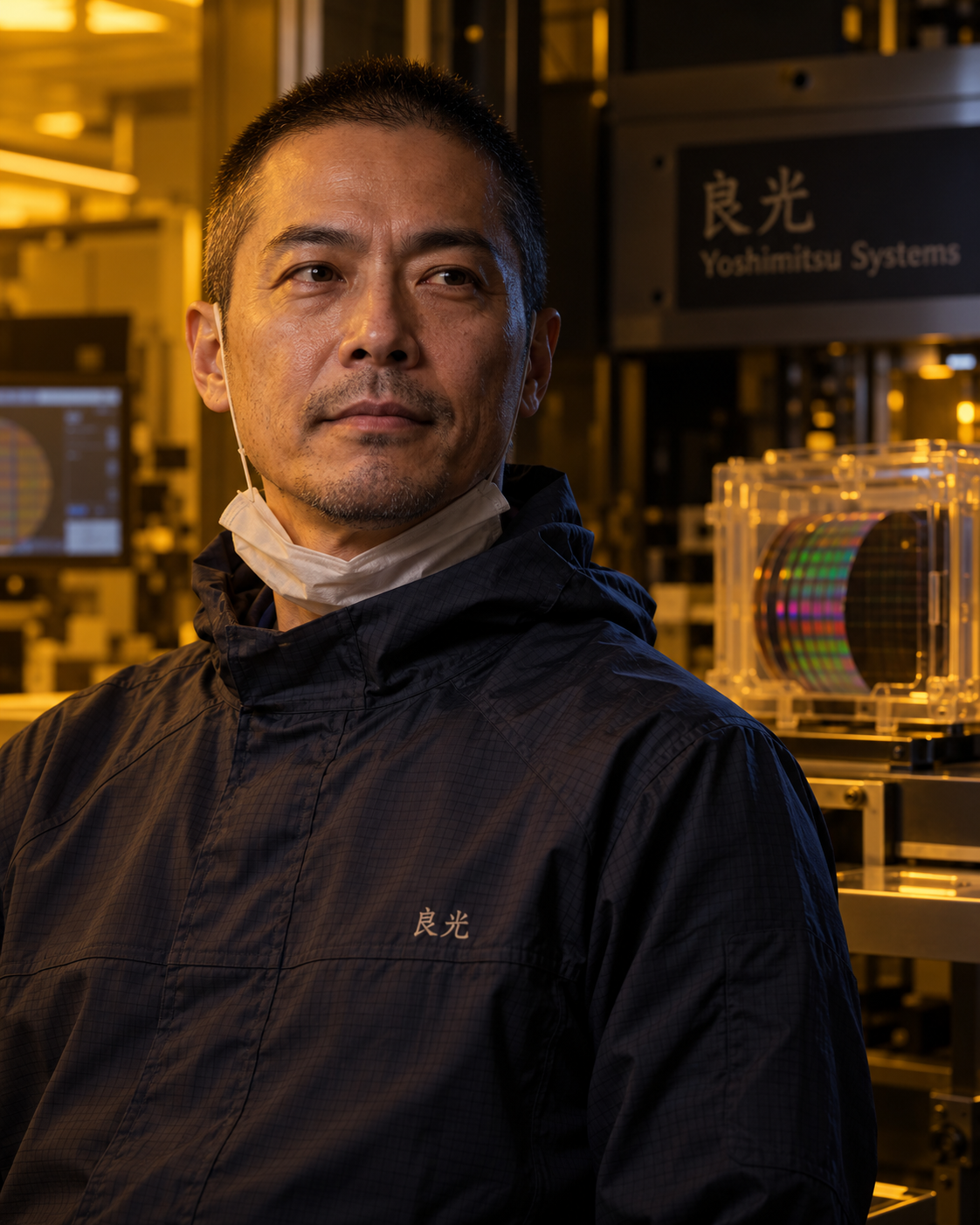 Portrait of Morimoto Kenji in the lithography bay under amber safelight: close-cropped hair, a navy cleanroom jacket with a mask pulled below the chin, and a wafer carrier glinting behind