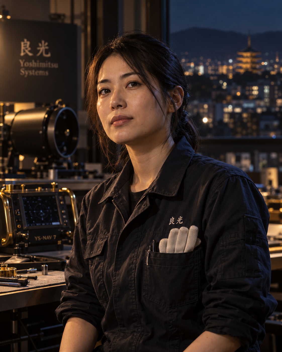 Portrait of Takeda Aoi at the calibration bench at night: dark hair tied back, a black work jacket with white gloves in the pocket, a YS·NAV 7 console and star simulator behind and Kyoto lights through the window